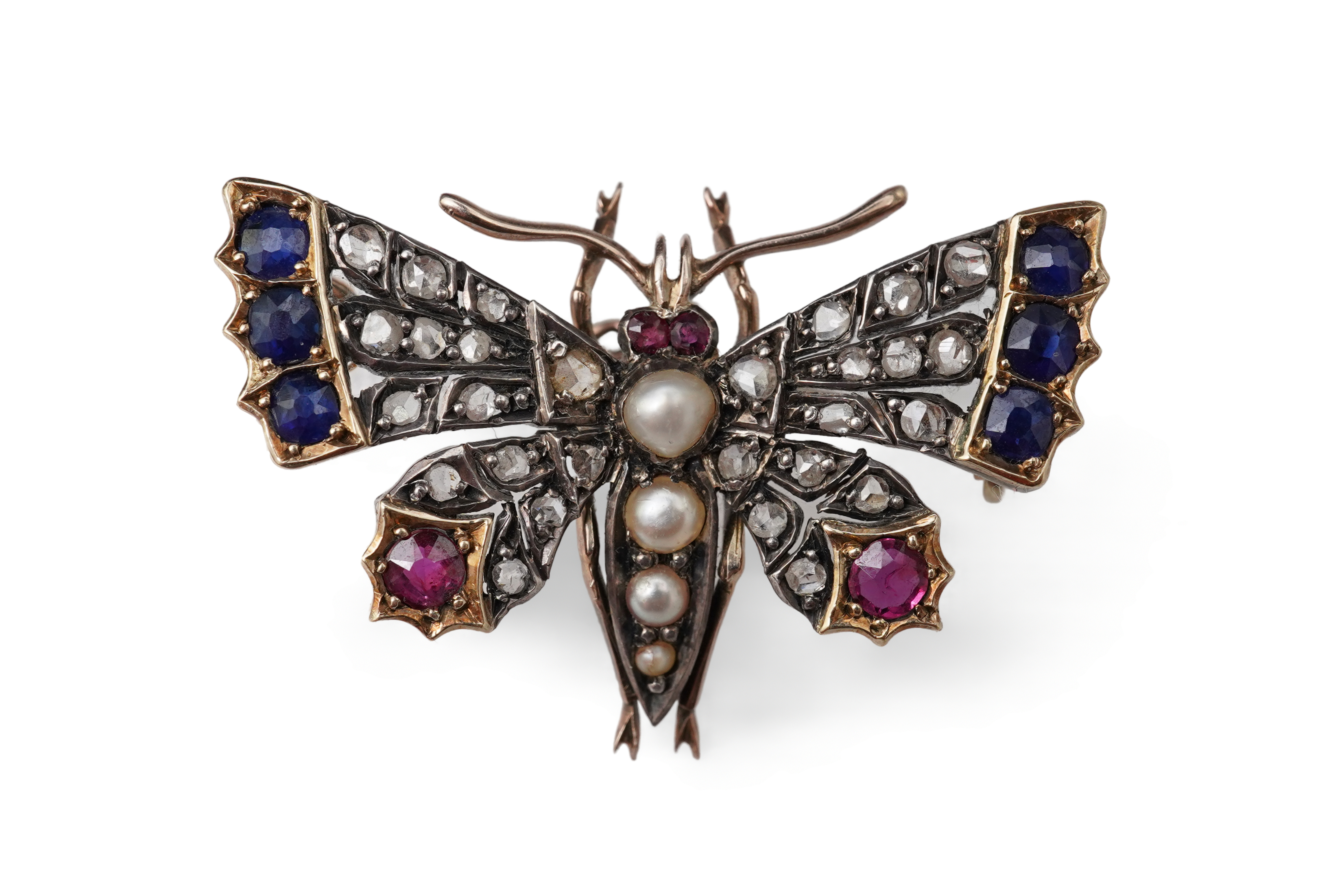 A Victorian ruby, sapphire, pearl and diamond brooch, late 19th century